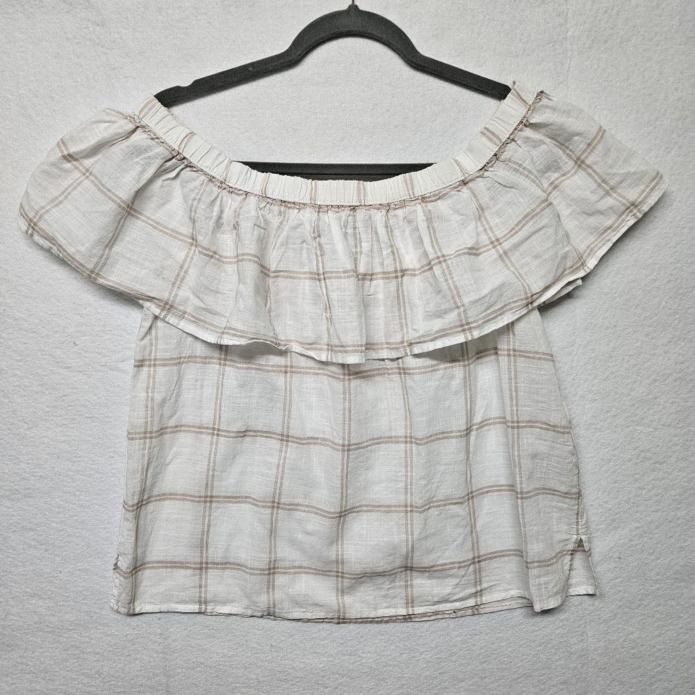 Abercrombie & Fitch Summer Flowy Cotton Off-the-Shoulder Top Plaid Pink Small